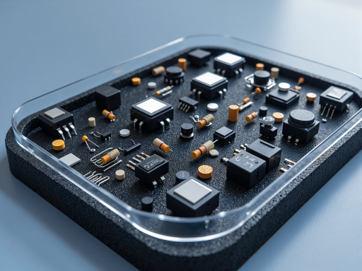 电子产品展示，各类电子元器件，智能设备，高质量电子元件，现代化包装